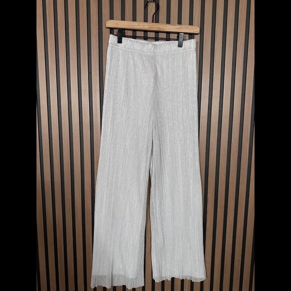 New Joie Pants XS Gray Metallic Pull On Sheer Flowy Stretch Straight Pleated - Picture 1 of 7